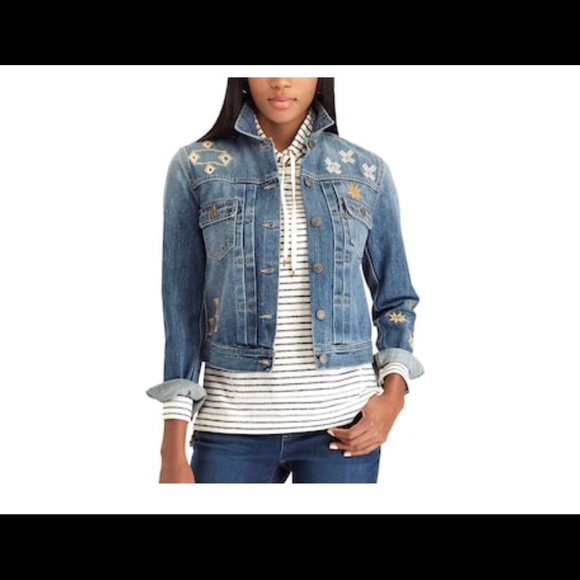 Large Women's Chaps Embroidered Jean Jacket Blue Denim Large Women's Chaps Embroidered Jean Jacket Blue Denim